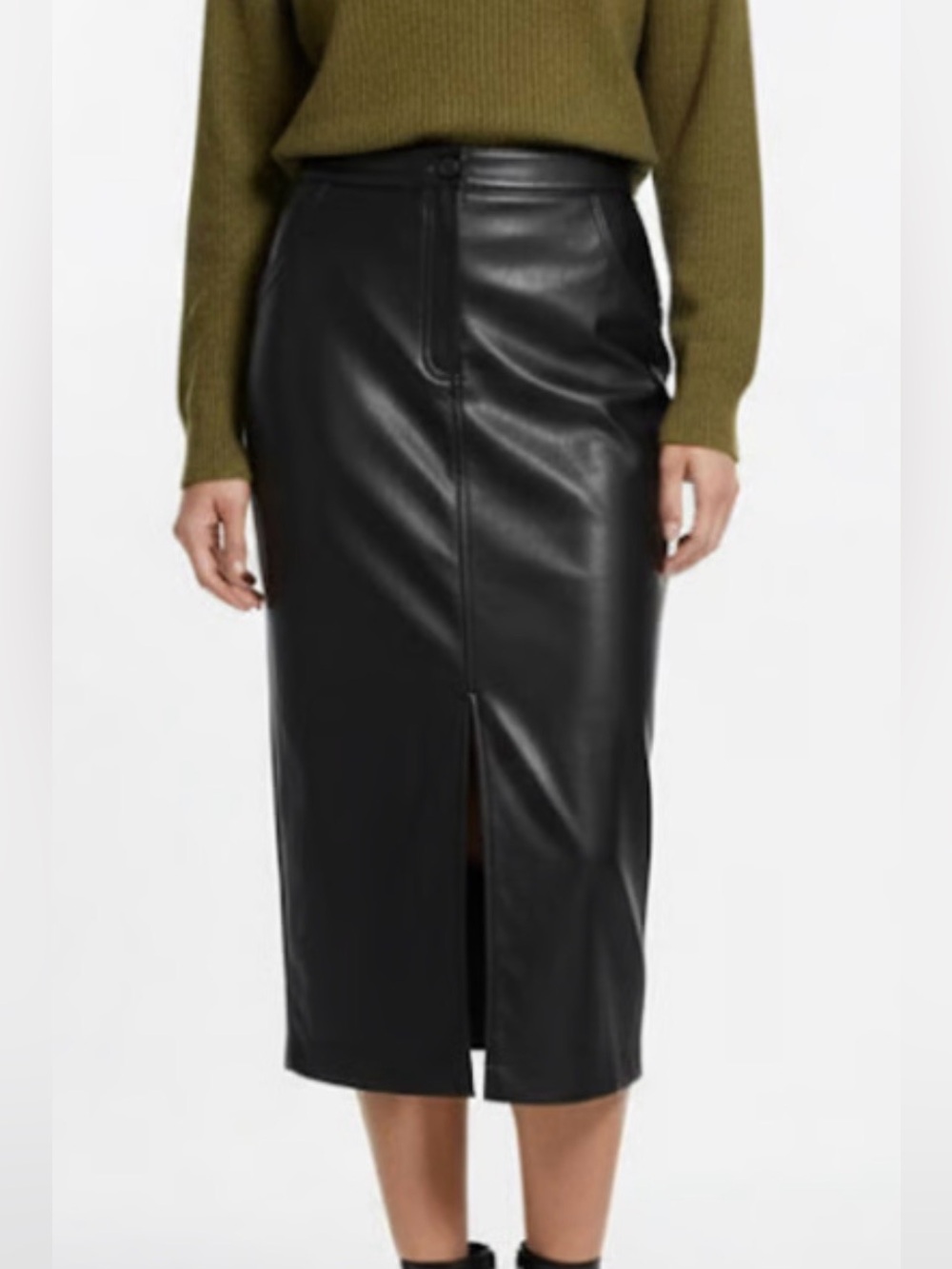 Bailey 44 Black Faux Leather Midi Pencil Skirt with Front Slit